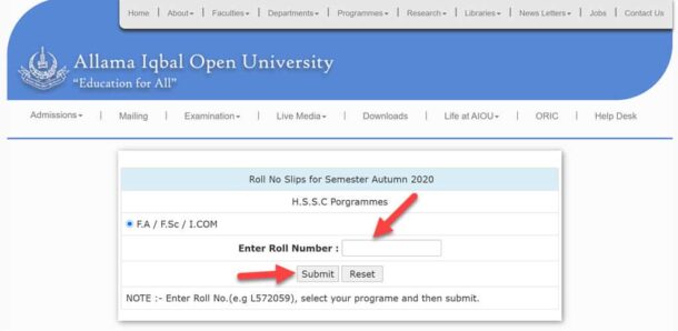 aiou assignment roll number slip