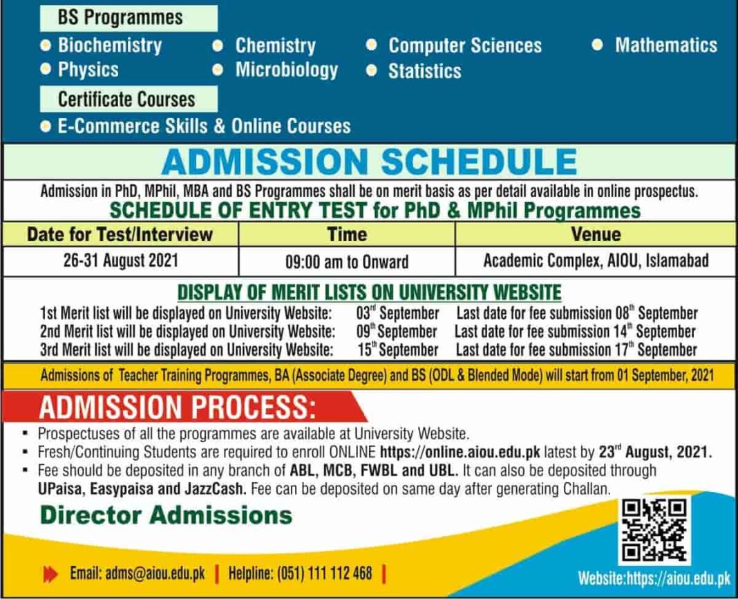 aiou new admission 2021 last date